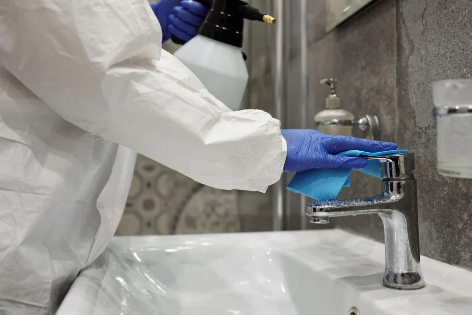 An adult male cleaning a glass window indoors, focusing on household chores and cleanliness.